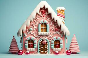 godis utsirad pepparkaka hus mitt i jul dekor isolerat på lutning pastell bakgrund foto