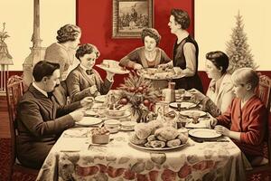 årgång illustration av en familj jul middag foto