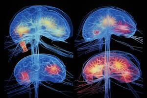 mänsklig hjärna studie begrepp. fyra annorlunda hjärnor på en mörk bakgrund. generativ ai foto