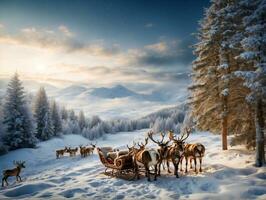 en vinter- sagoland med en snöig jul landskap terar jultomten släde och ren foto