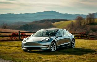 nc raleigh oss, 17 april 2020 en helt ny tesla modell 3 helt elektrisk bil reser över en lantlig rutt. ai generativ foto