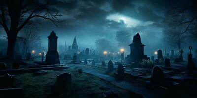 läskigt kyrkogård under blå ljus av full måne. halloween fest firande baner. skrämmande Skräck kyrkogård. kuslig mörk oktober natt. ai generativ foto