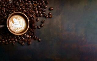 rostad kaffe bönor spridd på mörk yta med kopia Plats för text. kopp av cappuccino, topp se. internationell kaffe dag baner. utsökt varm dryck i mugg. ai generativ foto