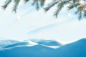 jul vinter- bakgrund med snö och suddig bokeh.glad jul och Lycklig ny år hälsning kort. frysta vinter- skog med snö täckt träd. foto