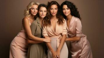 grupp av fyra skön kvinnor i elegant kväll klänningar Framställ på en brun bakgrund. foto