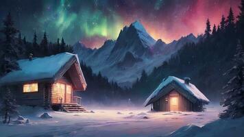 snötäckt hyddor, tall träd, berg, nordlig lampor, aurora i winter.ai generativ. foto