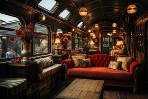 rustik cirkus tåg bil interiörer reflektera en historia i ladugård röd riden trä grå och antik mässing guld nyanser foto