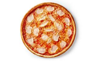 nyligen bakad pizza med pelati sås, mozzarella och rökt kyckling filea isolerat på vit foto