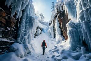 vågad vandrare navigerande frysta vattenfall mitt i snöig vinter- vildmark foto