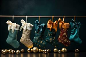jul strumpor fylld med festlig presenterar isolerat på en lutning bakgrund foto