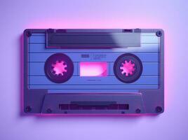 gammal årgång audio kassett tejp belyst förbi rosa och blå lampor. främre, topp se. generativ ai foto