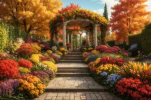 en skön trädgård med färgrik blommor och träd ai generativ foto