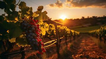 ai generativ solnedgång över vinrankor i de vingård foto