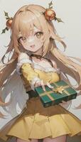 söt anime flicka innehav närvarande gåva för festlig ögonblick jul tid foto
