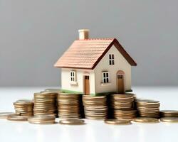 hus modell och mynt på vit bakgrund. verklig egendom och investering begrepp. foto