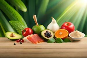 olika frukt och grönsaker är anordnad på en trä- tabell. ai-genererad foto