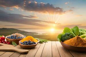 livsmedel och kryddor på trä- tabell med solnedgång i bakgrund. ai-genererad foto