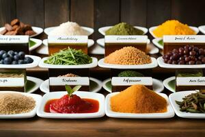 olika typer av kryddor och örter i skålar. ai-genererad foto