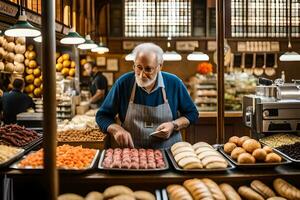 ett äldre man är stående i främre av en bageri. ai-genererad foto