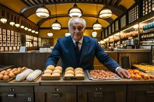 ett äldre man i en kostym stående Bakom en disken med bröd och Övrig mat. ai-genererad foto