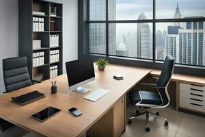 kontor interiör med skrivbord och stol i främre av fönster. ai-genererad foto