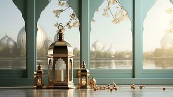 podium bakgrund i ramadan Semester stil med lykta. orientalisk arabicum design med nyanser av grön. ai generativ foto