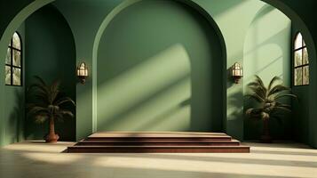 grön podium med beige element i arabicum minimalistisk stil. podium i de stil av ramadan, eid mubarak.ai genererad foto