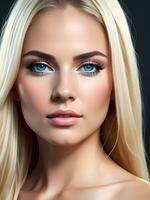 skön ung kvinna med lång blond hår och blå ögon. generativ ai foto