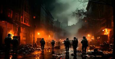 militär drift, evakuering från en brinnande stad - ai genererad bild foto