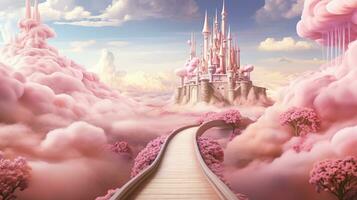 en fantastisk rosa slott med en väg av frodig blommor och bomull godis moln foto