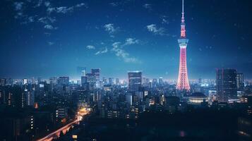 natt se av tokyo skytree. generativ ai foto