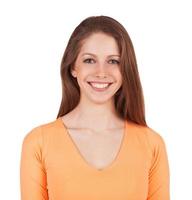 vacker kvinna i en orange skjorta foto