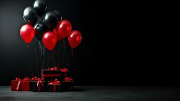 svart röd ballonger knippa med gåvor ai genererad baner bakgrund kopia Plats foto