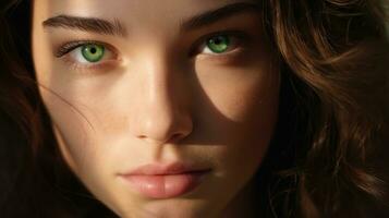 porträtt av en skön ung kvinna med grön ögon och lång hår generativ ai foto