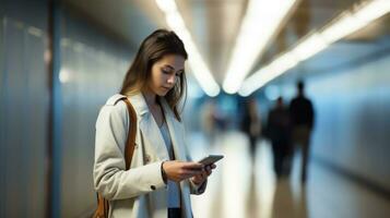 ung kvinna använder sig av mobil telefon i de korridor av en modern kontor byggnad generativ ai foto