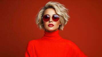 mode porträtt av skön blond kvinna i röd Tröja och solglasögon. generativ ai foto