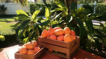 nyligen plockade mamey sapote frukt från trädgård placerad i de lådor. generativ ai foto