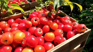 nyligen plockade acerola frukt från trädgård placerad i de lådor. generativ ai foto