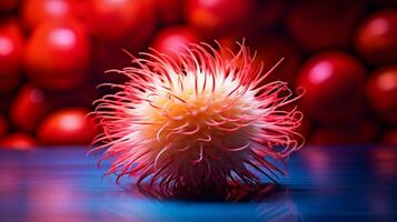 Foto av rambutan frukt halv mot en färgrik abstrakt bakgrund. generativ ai