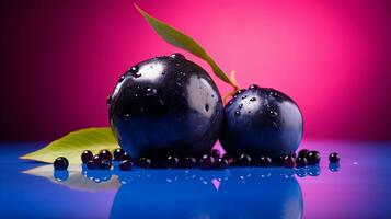 Foto av acai bär frukt halv mot en färgrik abstrakt bakgrund. generativ ai