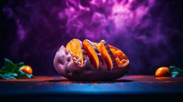 Foto av ljuv potatis frukt halv mot en färgrik abstrakt bakgrund. generativ ai