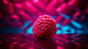 Foto av röd hallon frukt halv mot en färgrik abstrakt bakgrund. generativ ai
