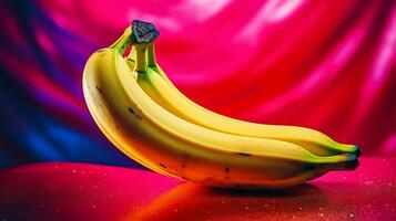 Foto av banan frukt halv mot en färgrik abstrakt bakgrund. generativ ai