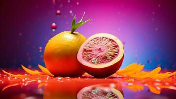 Foto av mundu frukt halv mot en färgrik abstrakt bakgrund. generativ ai