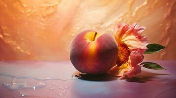 Foto av persika frukt halv mot en färgrik abstrakt bakgrund. generativ ai