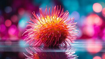 Foto av rambutan frukt halv mot en färgrik abstrakt bakgrund. generativ ai