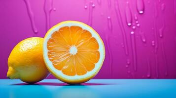 Foto av citron- frukt halv mot en färgrik abstrakt bakgrund. generativ ai