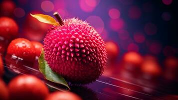 Foto av litchi frukt halv mot en färgrik abstrakt bakgrund. generativ ai