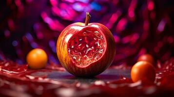 Foto av mabolo sammet äpple frukt halv mot en färgrik abstrakt bakgrund. generativ ai
