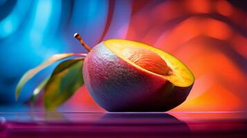 Foto av cupuacu frukt halv mot en färgrik abstrakt bakgrund. generativ ai